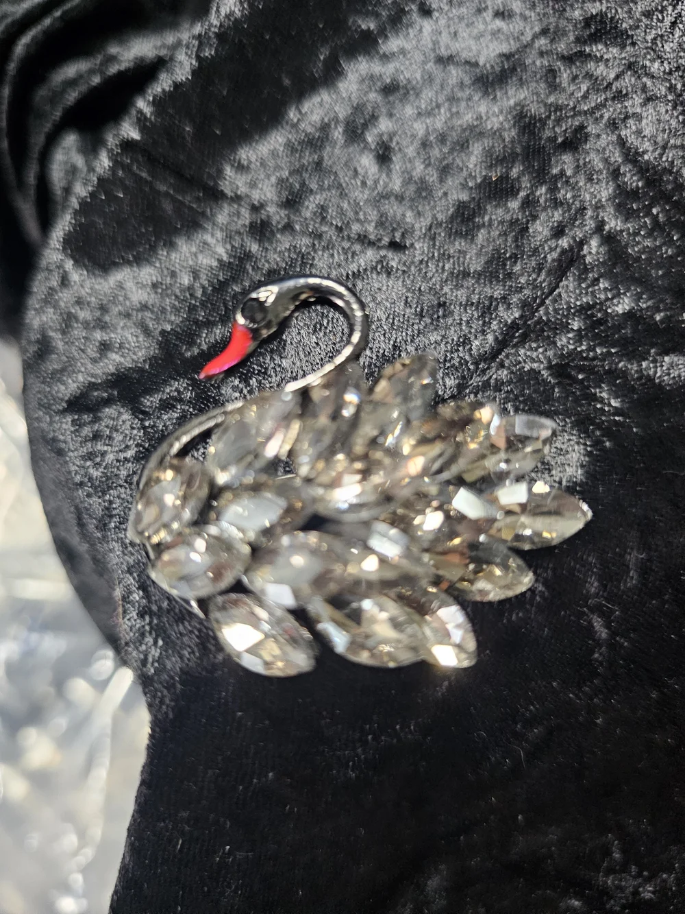 Crystal Swan Brooch Pin - Clear and Black Accent